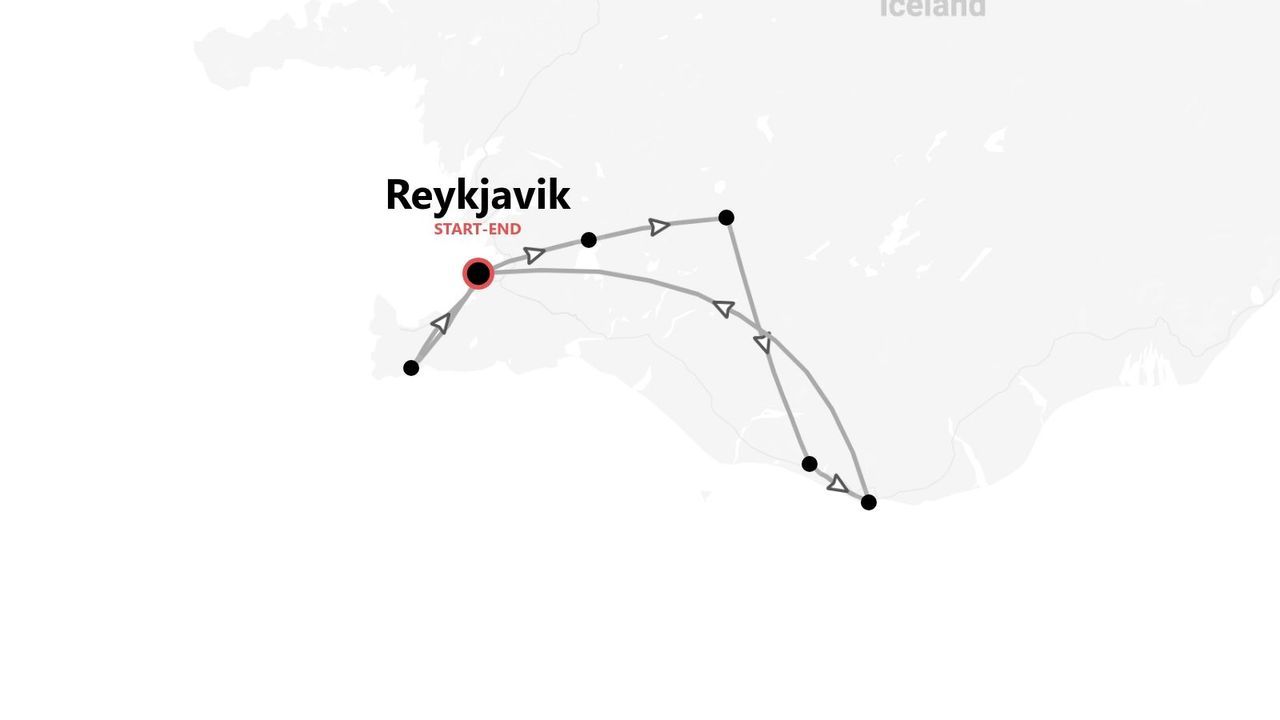 Eine vereinfachte Karte Islands, die eine Reiseroute durch die südwestliche Region zeigt, beginnend und endend in Reykjavik.