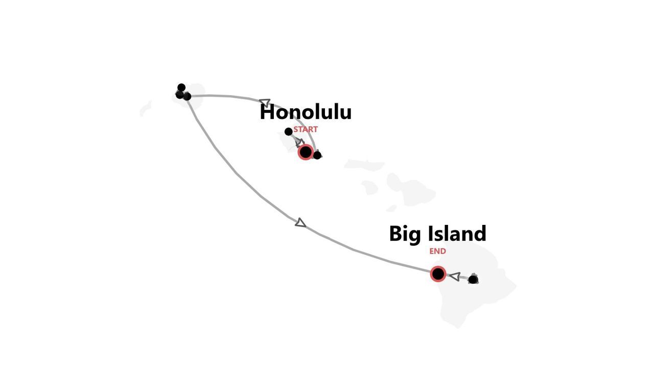 Eine Karte mit einer Reiseroute auf Hawaii, beginnend in Honolulu und endend auf Big Island.