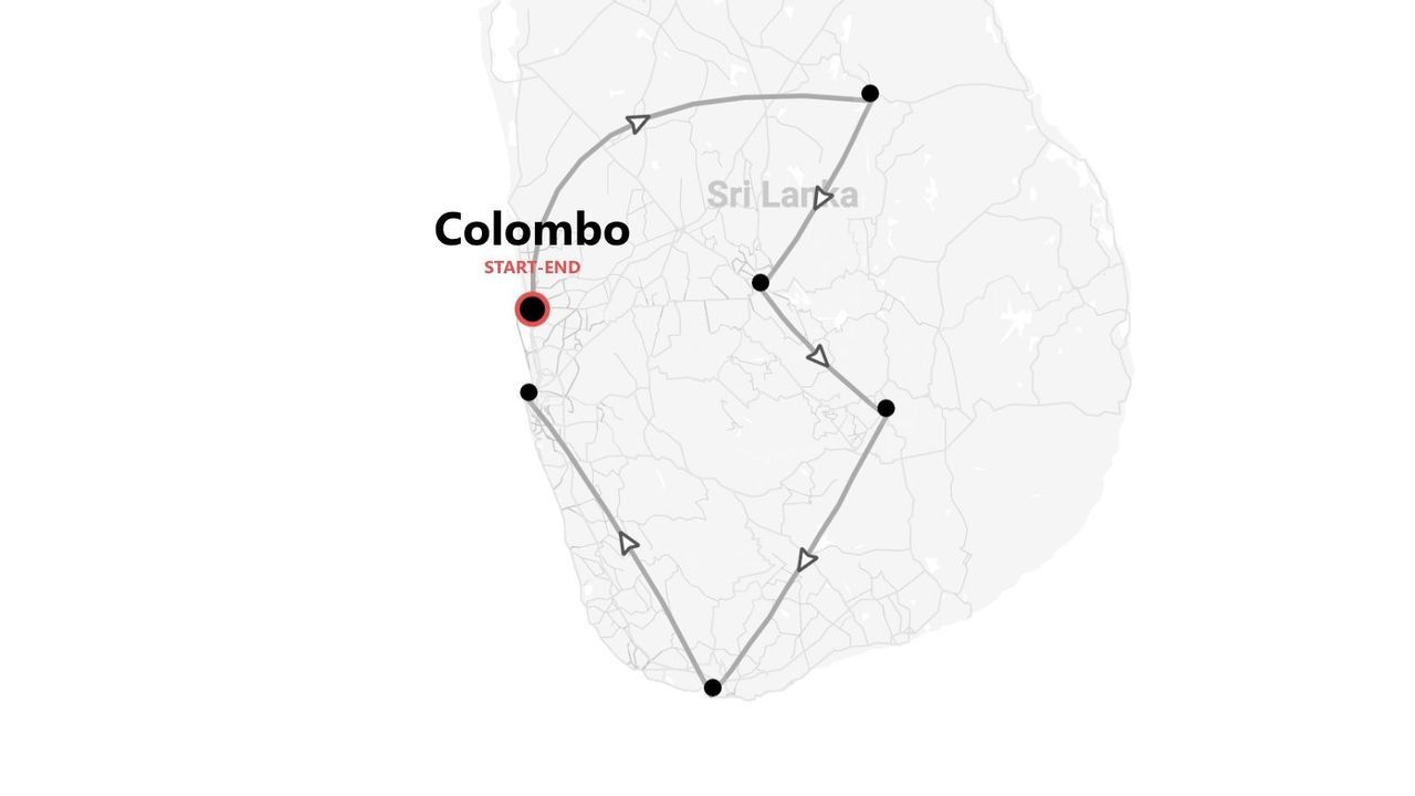 Karte einer Reiseroute durch Sri Lanka. Die Rundreise beginnt und endet in Colombo.