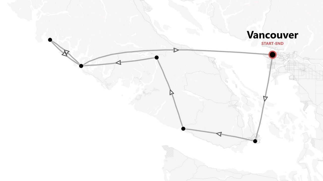 Eine stilisierte Karte, die eine Reiseroute zeigt, die in Vancouver beginnt und endet, mit mehreren Zwischenstopps entlang der Strecke.