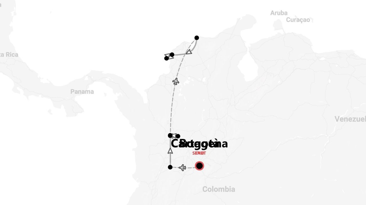 Eine Karte eines Reiseplans für Kolumbien, der eine Flugroute zwischen Bogota, Cartagena und anderen nördlichen Orten zeigt.