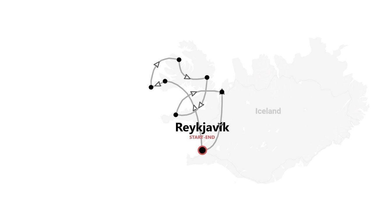 Eine stilisierte Islandkarte mit einem Reiseplan, der in Reykjavík beginnt und endet.