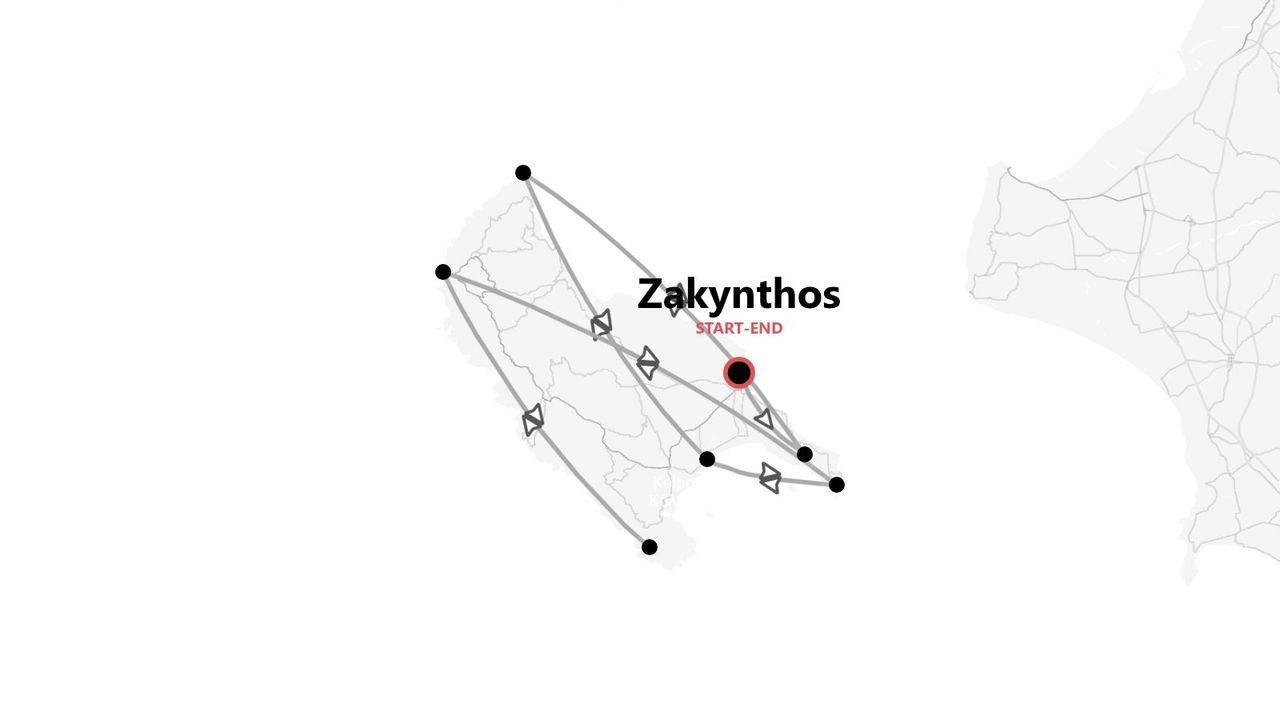 Eine stilisierte Karte, die eine Reiseroute über die Insel Zakynthos zeigt, mit einem einzelnen, rot markierten Start- und Endpunkt.