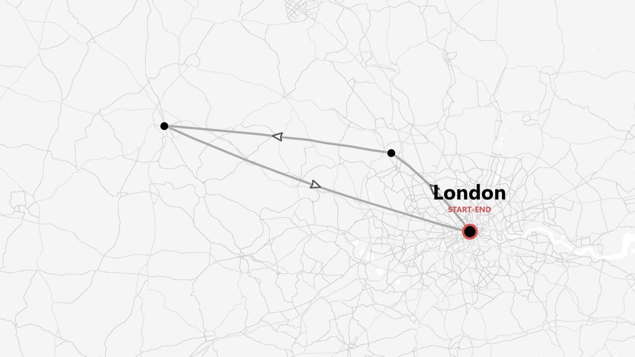 Eine Karte mit einer dreieckigen Reiseroute, auf der London als Start- und Endpunkt rot markiert ist.