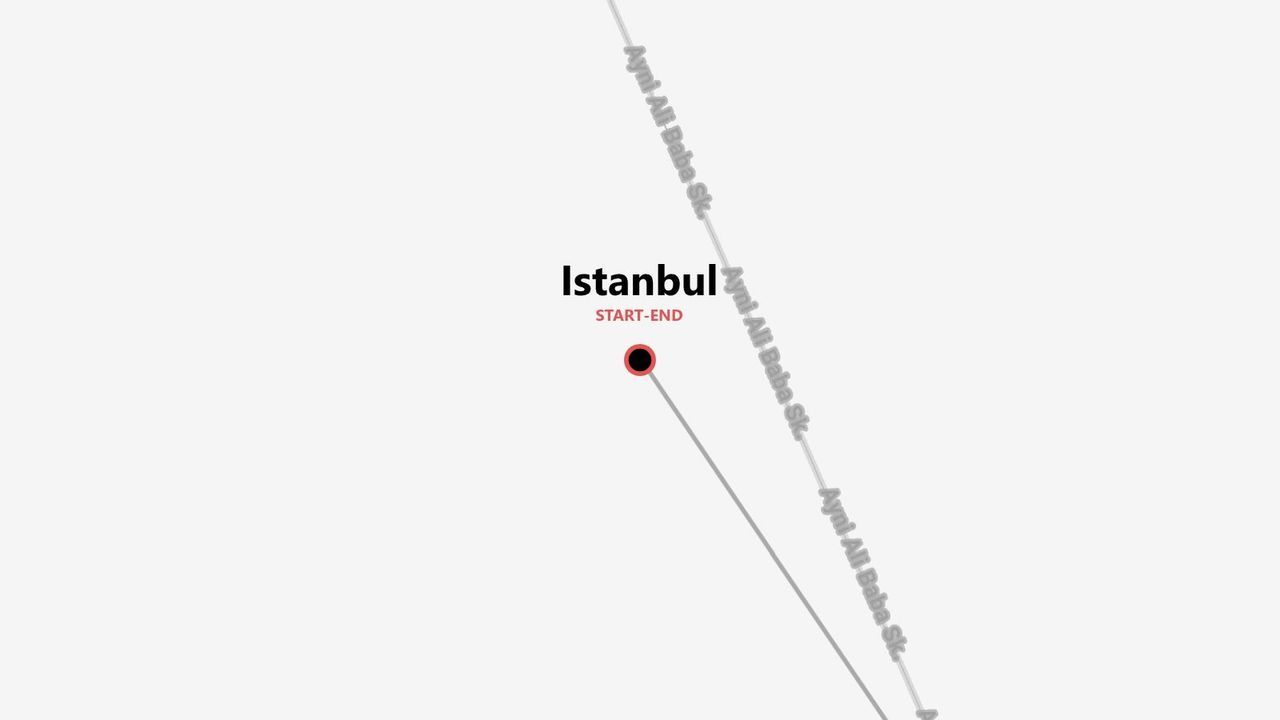 Eine minimalistische Kartengrafik, die Istanbul als Start- und Endpunkt einer Reise zeigt, mit einer nahegelegenen Straße namens Ayni Ali Baba Sk.