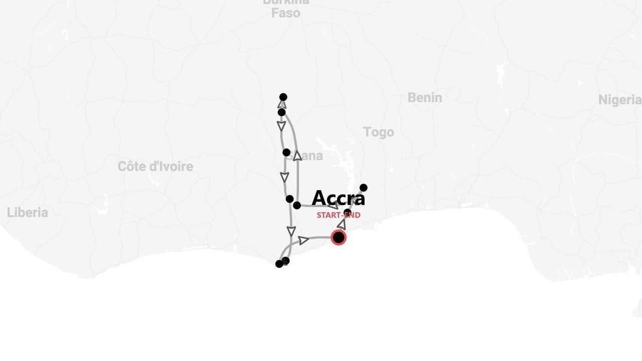 Eine Karte mit einer Reiseroute durch Ghana, mit Start- und Endpunkt in Accra.