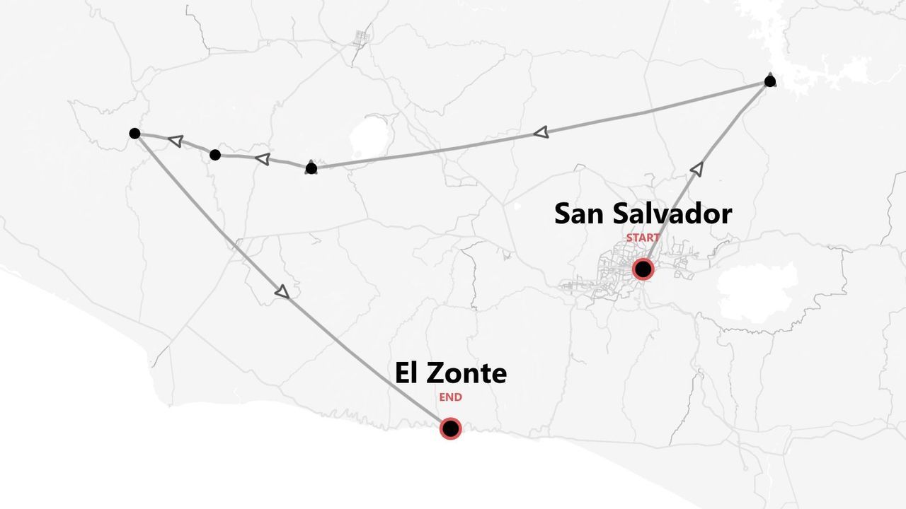 Eine Karte, die eine Reiseroute in El Salvador zeigt, mit einer Route, die in San Salvador beginnt und in El Zonte endet.