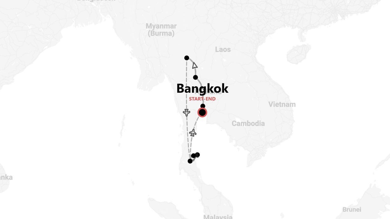 Eine Karte einer Reiseroute in Thailand, die in Bangkok beginnt und endet, wobei die Route durch eine gepunktete Linie und Symbole dargestellt wird.