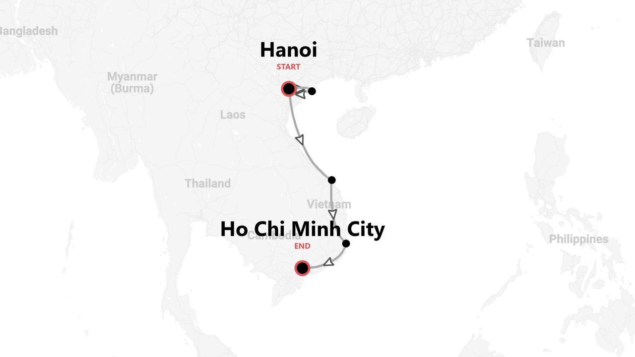 Eine Karte, die eine Reiseroute durch Vietnam zeigt, beginnend in Hanoi und endend in Ho-Chi-Minh-Stadt.