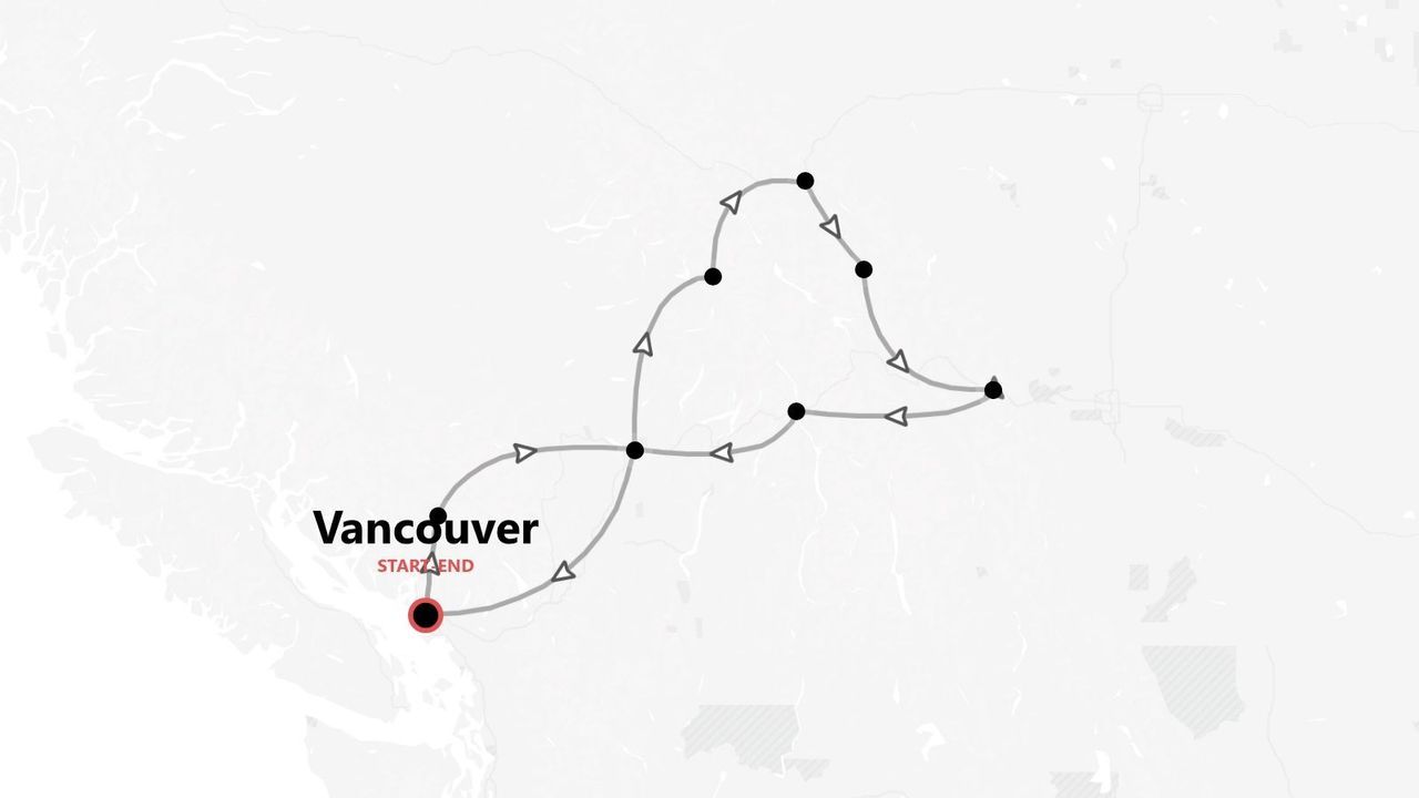 Eine Karte, die eine Rundreise mit mehreren Stationen zeigt, beginnend und endend in Vancouver.