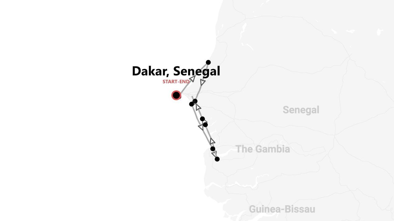 Eine Karte, die eine Reiseroute zeigt, die in Dakar, Senegal, beginnt und endet, wobei die Route durch Gambia führt.