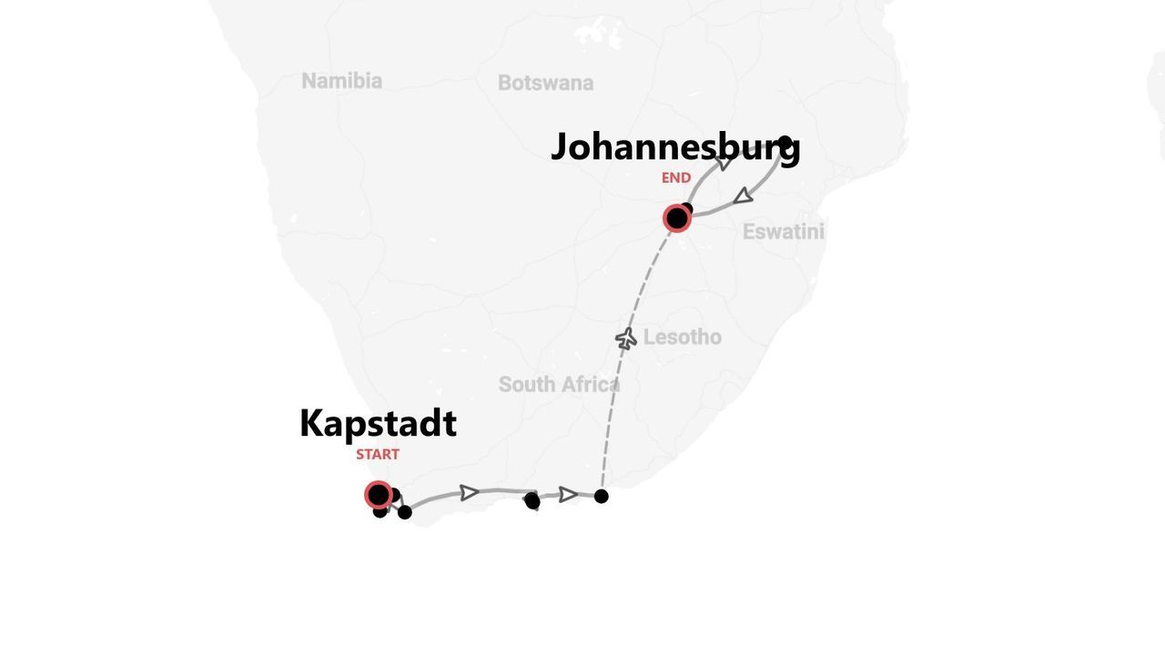 Eine Karte von Südafrika, die eine Reiseroute zeigt, die in Kapstadt beginnt und in Johannesburg endet, mit mehreren Zwischenstopps.