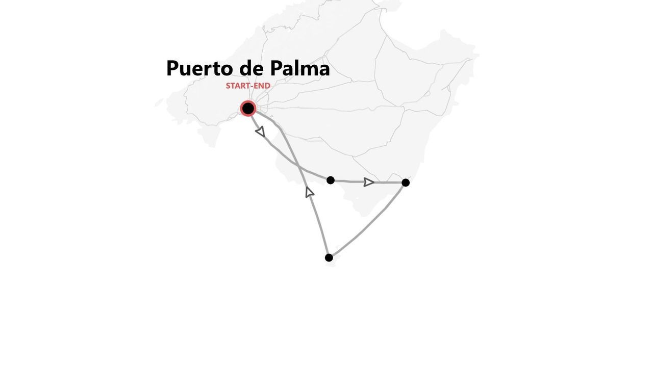 Eine minimalistische Karte, die eine Reiseroute zeigt, die in Puerto de Palma beginnt und endet, mit mehreren durch Punkte und Pfeile markierten Stopps.