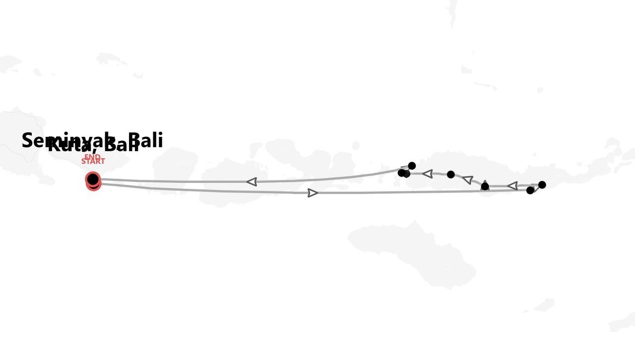 Eine minimalistische Karte, die eine Reiseroute auf Bali zeigt, mit einer Route, die in Seminyak beginnt und endet und nach Osten über die Inseln führt.