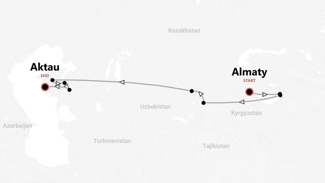Reiseroute Zentralasien: Von Almaty nach Aktau.