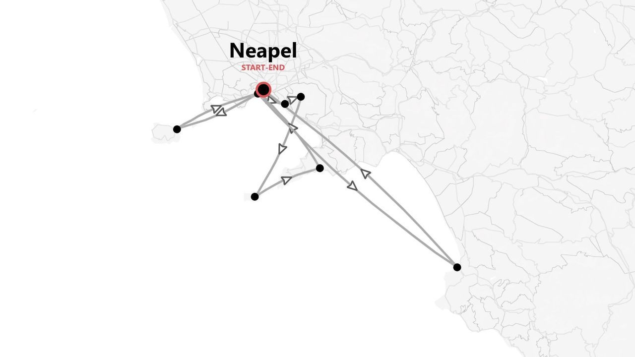 Eine Karte einer Reiseroute, die in Neapel beginnt und endet, mit der Strecke, die durch Linien, Pfeile und schwarze Punkte für Stopps gekennzeichnet ist.