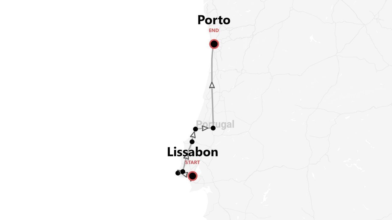 Eine Karte von Portugal, die eine Reiseroute von Lissabon nach Porto zeigt.