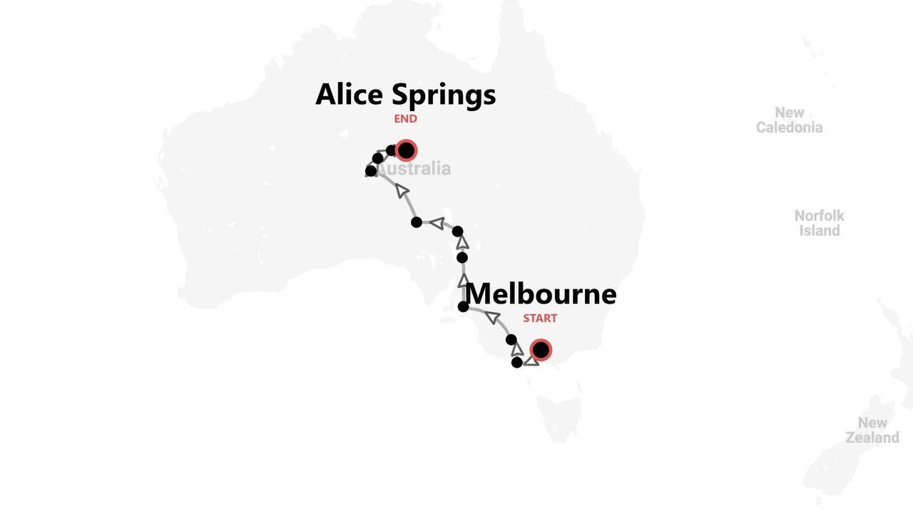 Eine Karte von Australien, die eine Reiseroute zeigt, die in Melbourne beginnt und in Alice Springs endet.