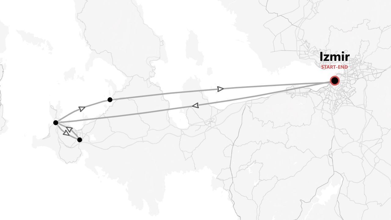 Carte gris clair d'un itinéraire de voyage avec plusieurs étapes marquées, commençant et finissant à Izmir.