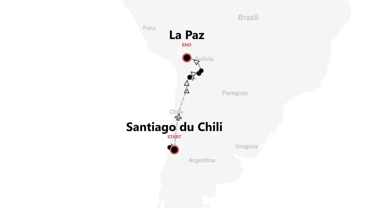 Carte d'un itinéraire de voyage en Amérique du Sud, de Santiago du Chili à La Paz, Bolivie.