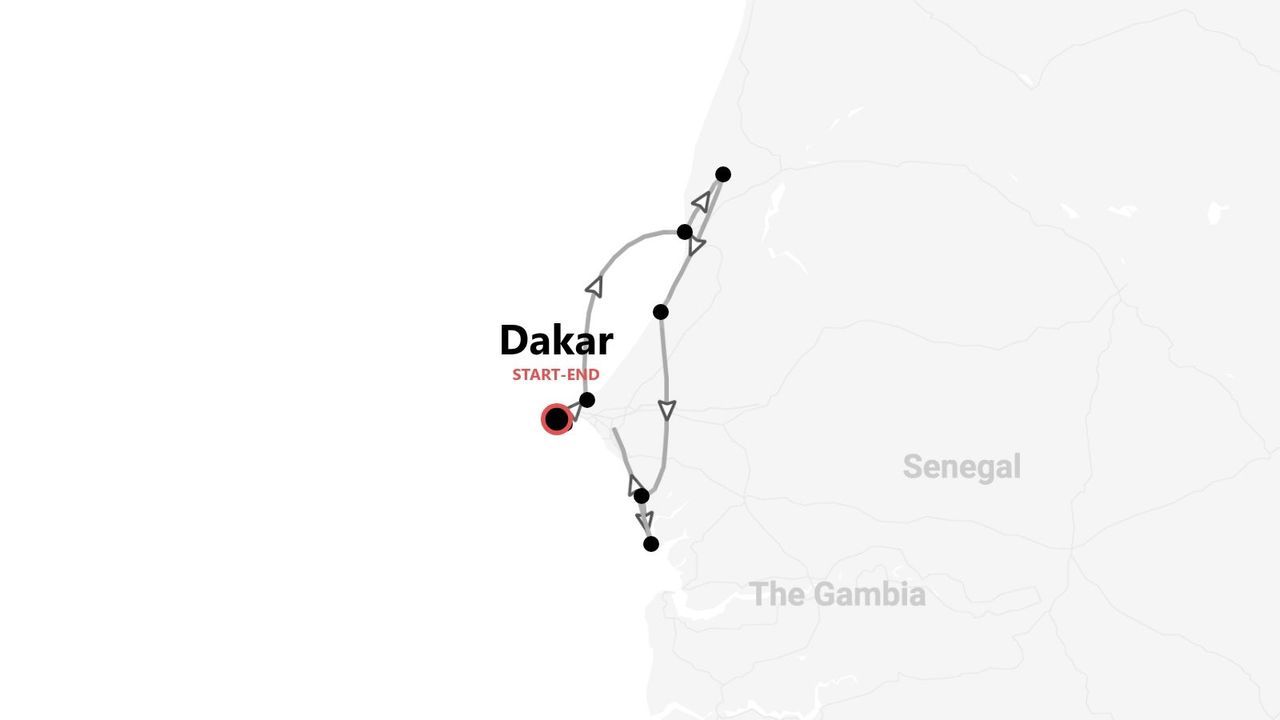 Une carte minimaliste illustrant un itinéraire de voyage au Sénégal et en Gambie, avec un parcours commençant et se terminant à Dakar.