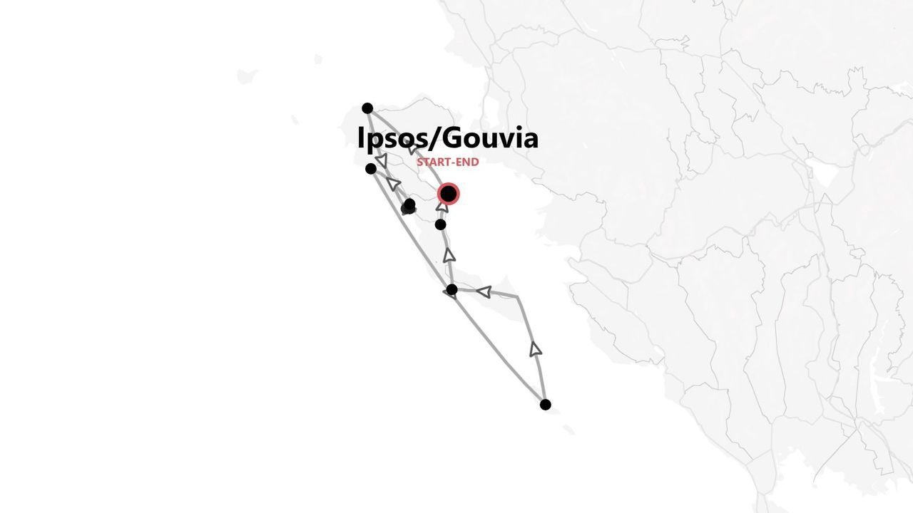 Une carte stylisée présentant un itinéraire de voyage avec des étapes, débutant et se terminant à Ipsos/Gouvia.