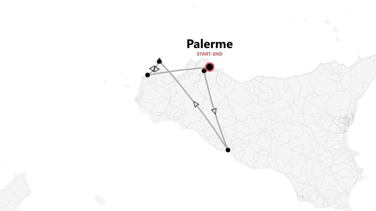 Une carte minimaliste de Sicile présentant un itinéraire de voyage avec des lignes reliant plusieurs points, débutant et se terminant à Palerme.
