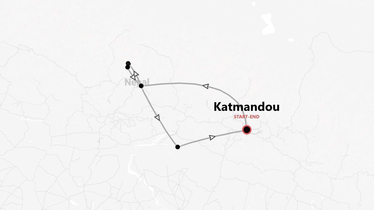 Une carte montrant un itinéraire de voyage à travers le Népal, commençant et se terminant à Katmandou.