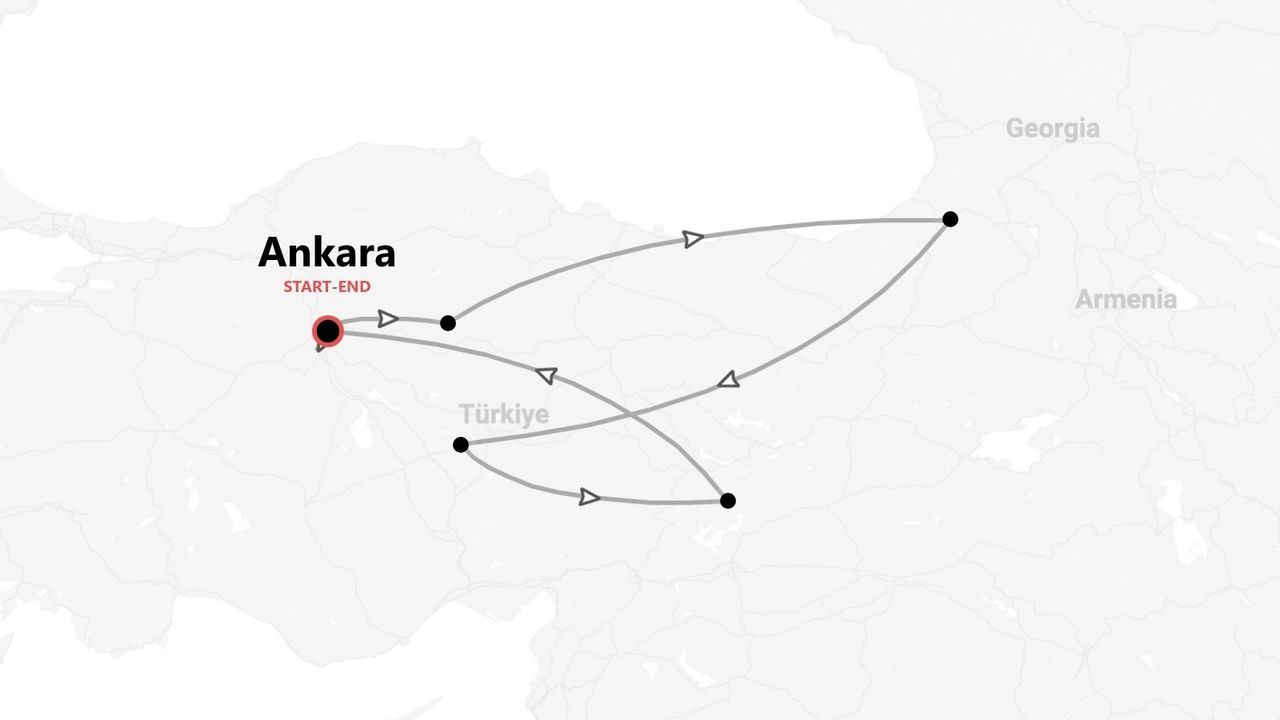 Une carte illustrant un itinéraire de voyage commençant et se terminant à Ankara, traversant la Türkiye et longeant les frontières de la Géorgie et de l'Arménie.