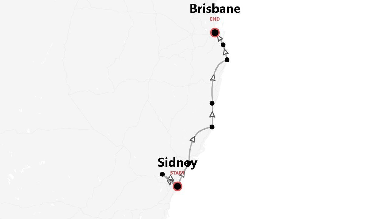 Une carte décrivant un itinéraire de voyage le long de la côte australienne, partant de Sydney et se terminant à Brisbane.