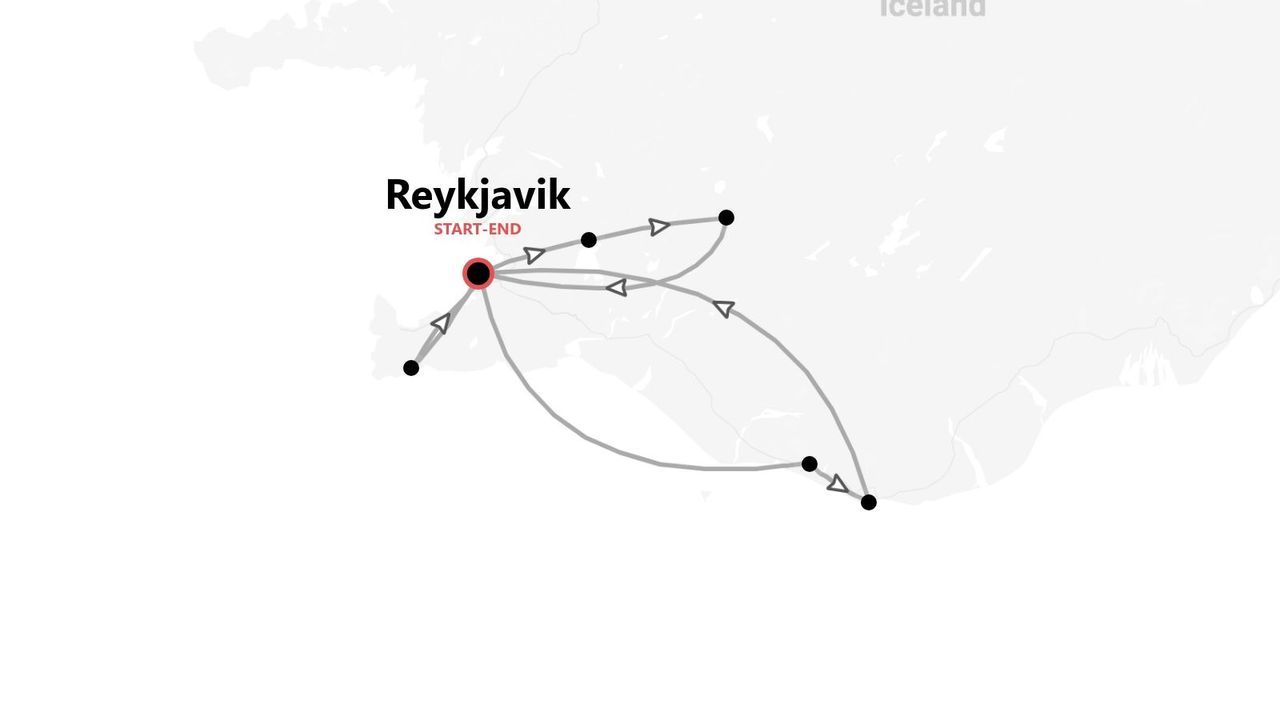 Une carte de l'Islande montrant un itinéraire de voyage qui commence et se termine à Reykjavik, avec plusieurs boucles de parcours connectées.