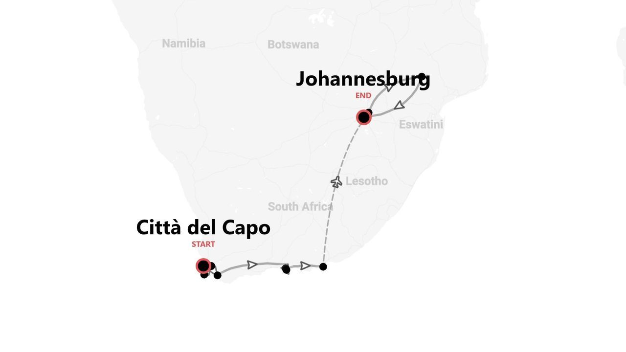 Une carte d'un itinéraire de voyage en Afrique du Sud, commençant par Le Cap et se terminant à Johannesburg.
