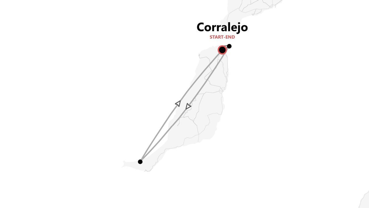 Une carte minimaliste présentant un itinéraire en boucle pour un circuit au départ et à l'arrivée de Corralejo.