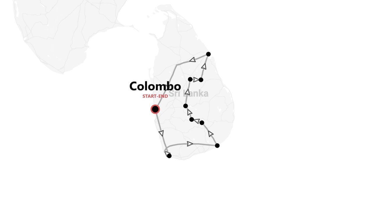 Carte d'itinéraire de voyage au Sri Lanka, montrant un parcours avec plusieurs étapes qui commence et se termine à Colombo.
