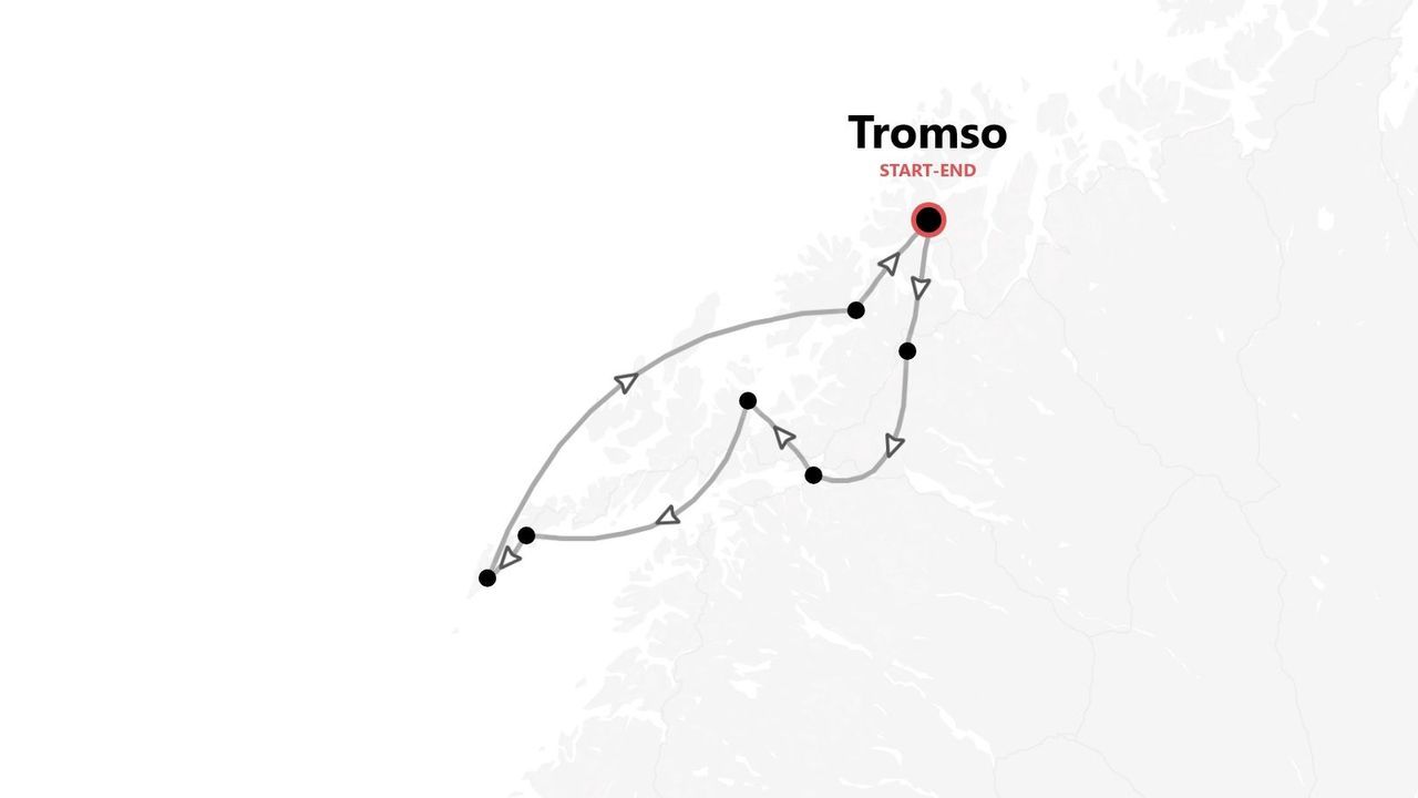 Carte d'un itinéraire de voyage montrant un parcours circulaire à travers la Norvège, commençant et se terminant dans la ville de Tromsø.