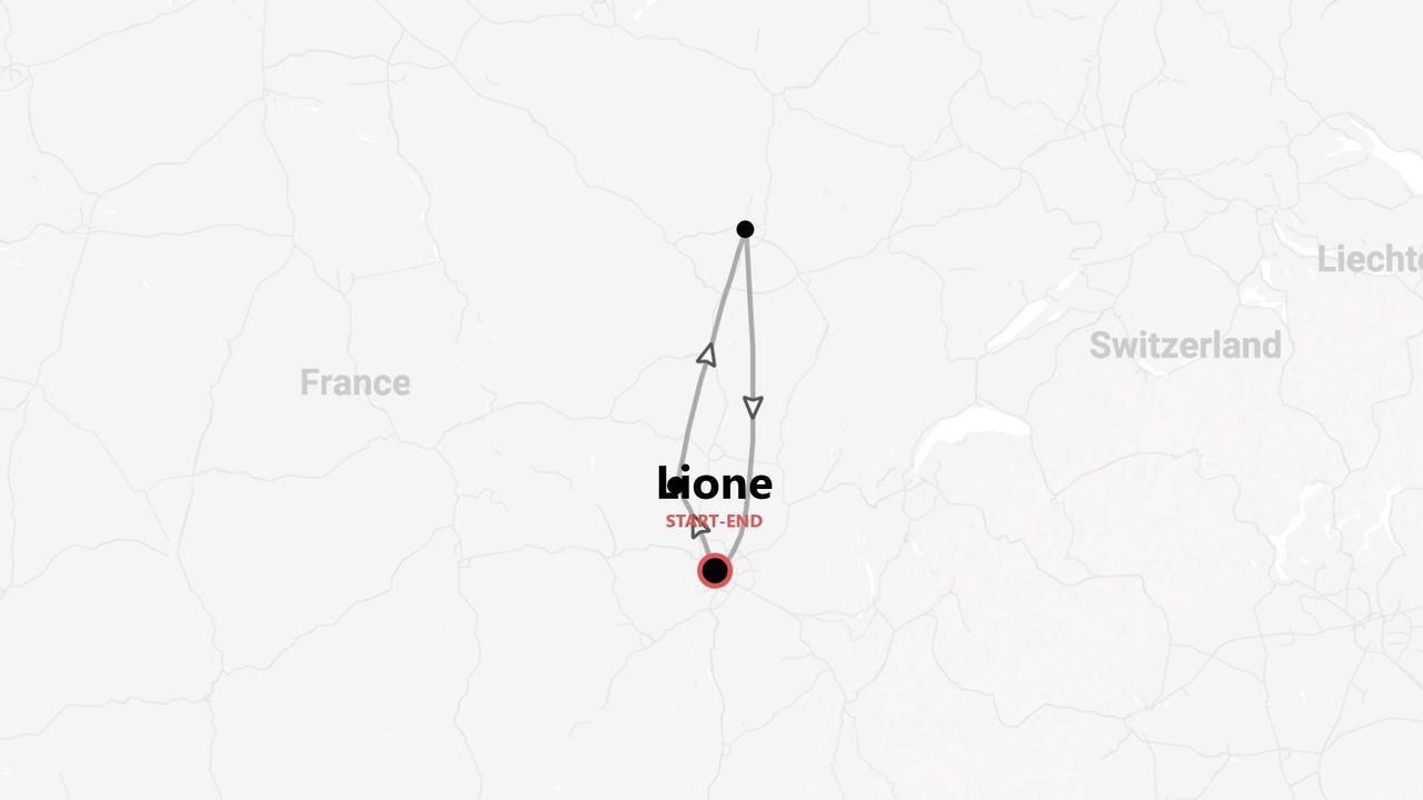 Une carte montrant un itinéraire de voyage en France, débutant et se terminant à Lyon, près de la frontière avec la Suisse.