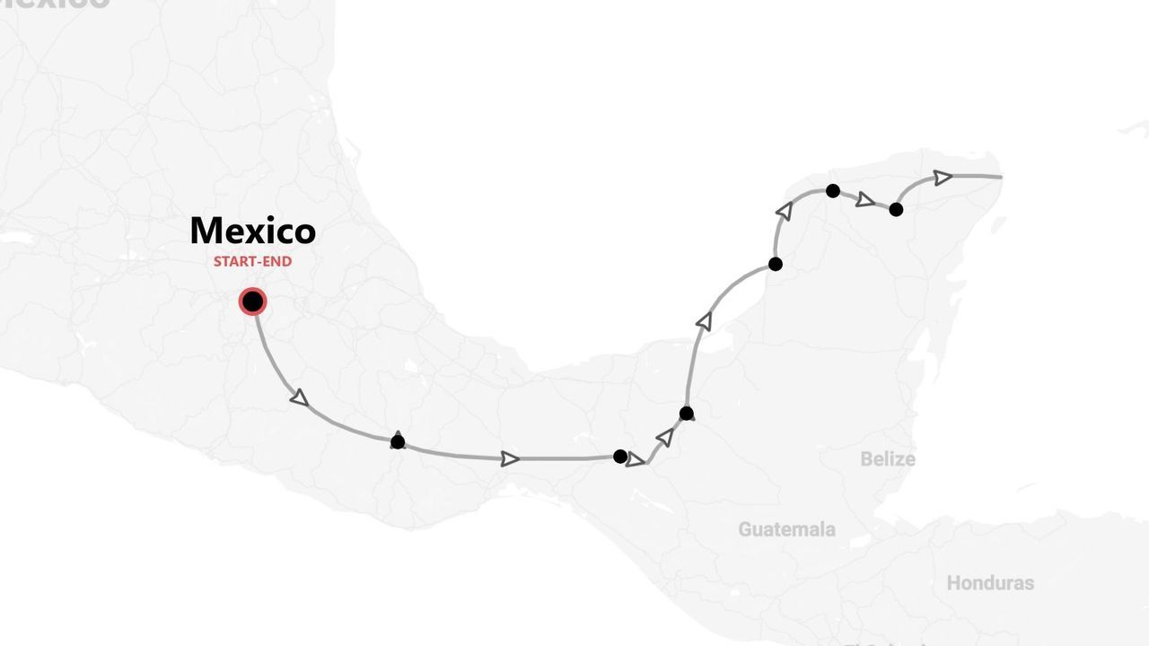 Une carte d'itinéraire de voyage au Mexique, avec départ et arrivée à Mexico, explorant le sud et la péninsule du Yucatán.