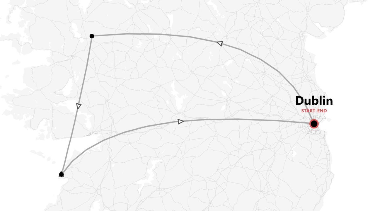 Carte d'un circuit en Irlande avec un itinéraire circulaire au départ et à l'arrivée de Dublin.