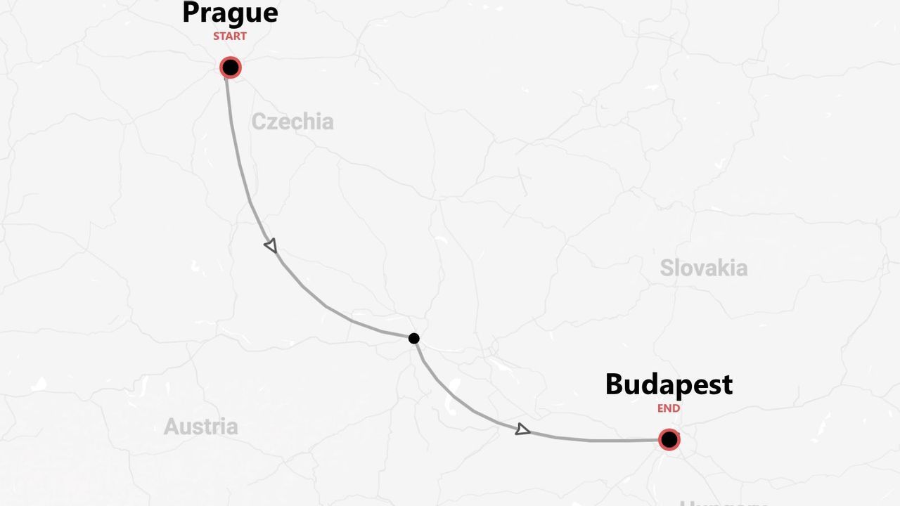 Une carte d'itinéraire de voyage montrant le trajet du point de départ à Prague, Tchéquie, au point d'arrivée à Budapest.