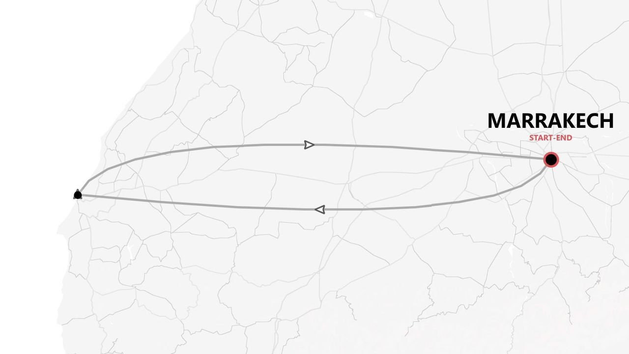 Une carte minimaliste du Maroc présentant un itinéraire de voyage circulaire, débutant et se terminant à Marrakech.