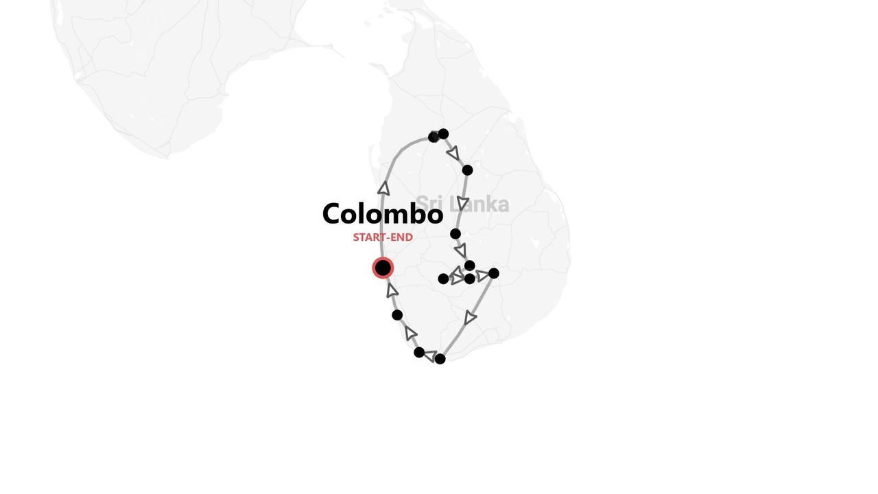 Carte du Sri Lanka avec itinéraire de circuit débutant et se terminant à Colombo, marqué d'un point rouge.
