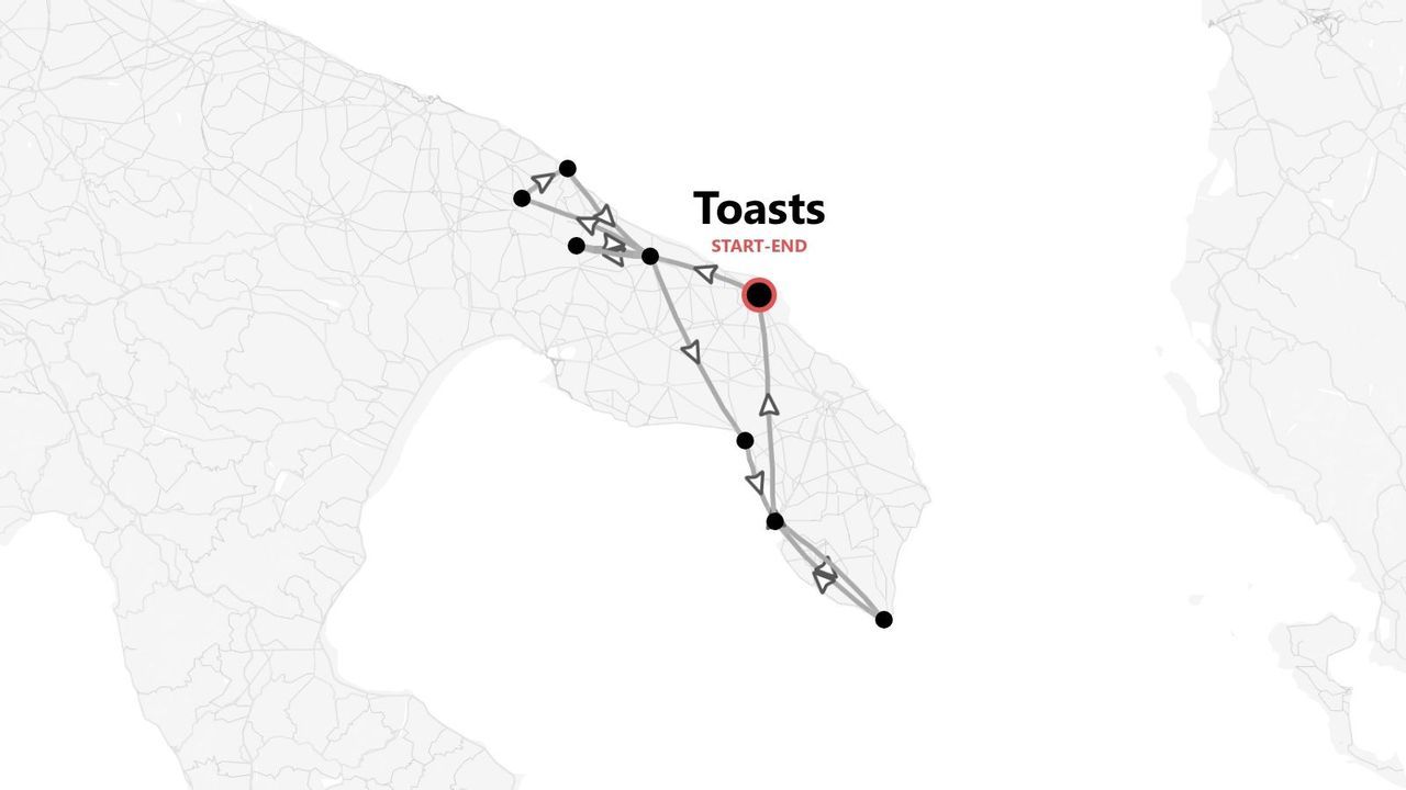 Carte de l'itinéraire de voyage 'Toasts' sur une péninsule, avec le tracé indiqué par des points et un cercle de départ-arrivée rouge.