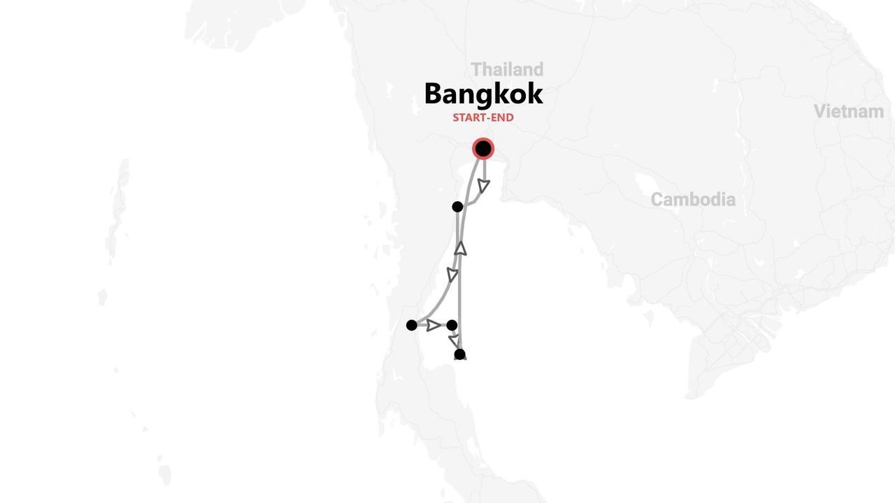 Une carte d'un itinéraire de voyage en Thaïlande, partant et arrivant à Bangkok, avec un parcours longeant la péninsule vers le sud.