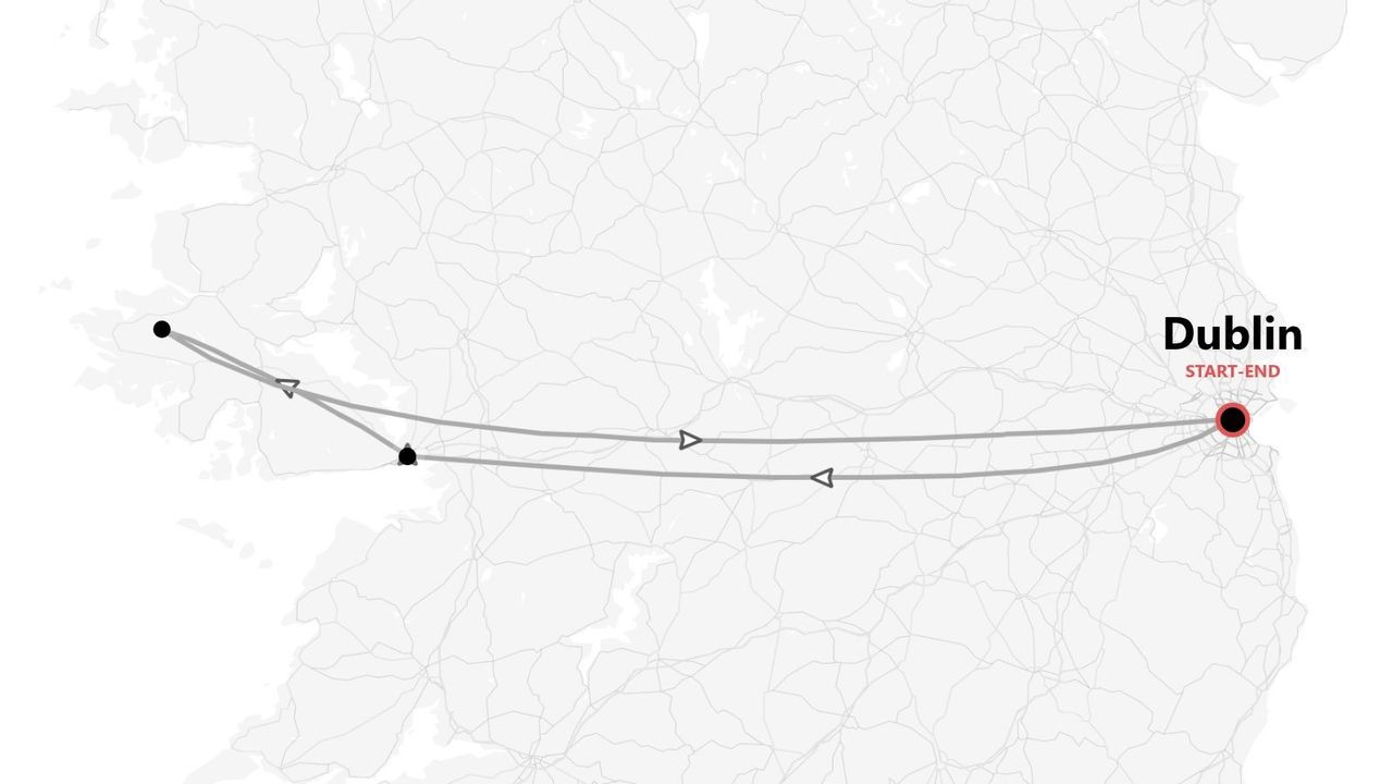 Carte d'Irlande présentant un itinéraire de voyage débutant et se terminant à Dublin, avec le parcours mis en évidence.