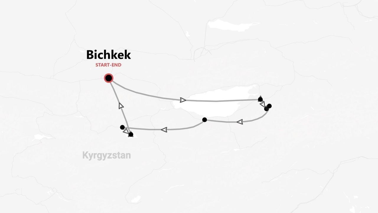 Carte d'un itinéraire de circuit au Kirghizistan, montrant un parcours qui débute et se termine à Bichkek.