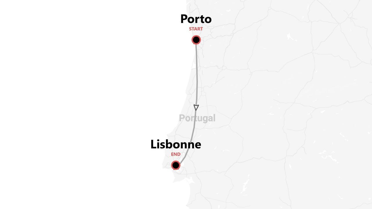 Une carte du Portugal illustrant un parcours de voyage de Porto à Lisbonne.