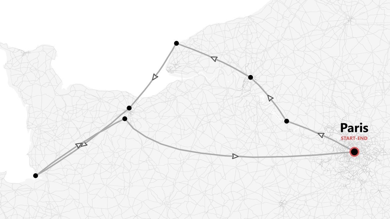 Carte d'un itinéraire de voyage en boucle au départ et à l'arrivée de Paris, traversant le nord de la France.