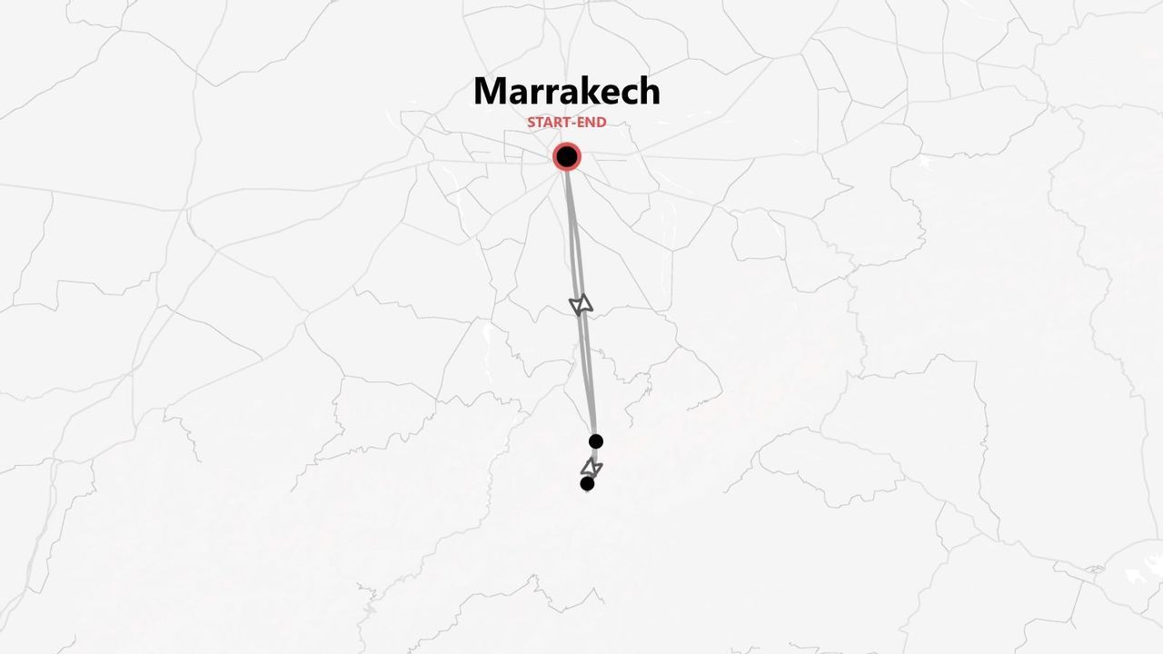 Carte minimaliste d'un itinéraire de voyage au Maroc, débutant et se terminant à Marrakech.