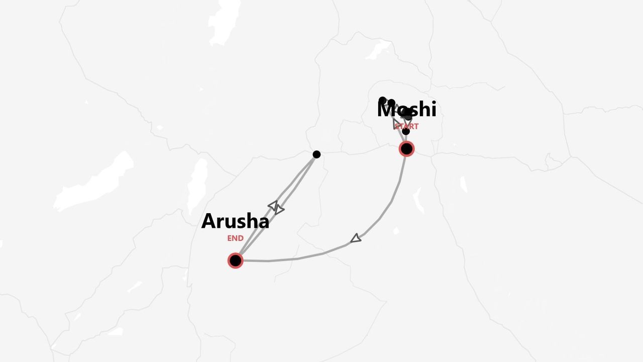 Une carte minimaliste montrant un itinéraire de voyage qui commence à Moshi et se termine à Arusha, Tanzanie.
