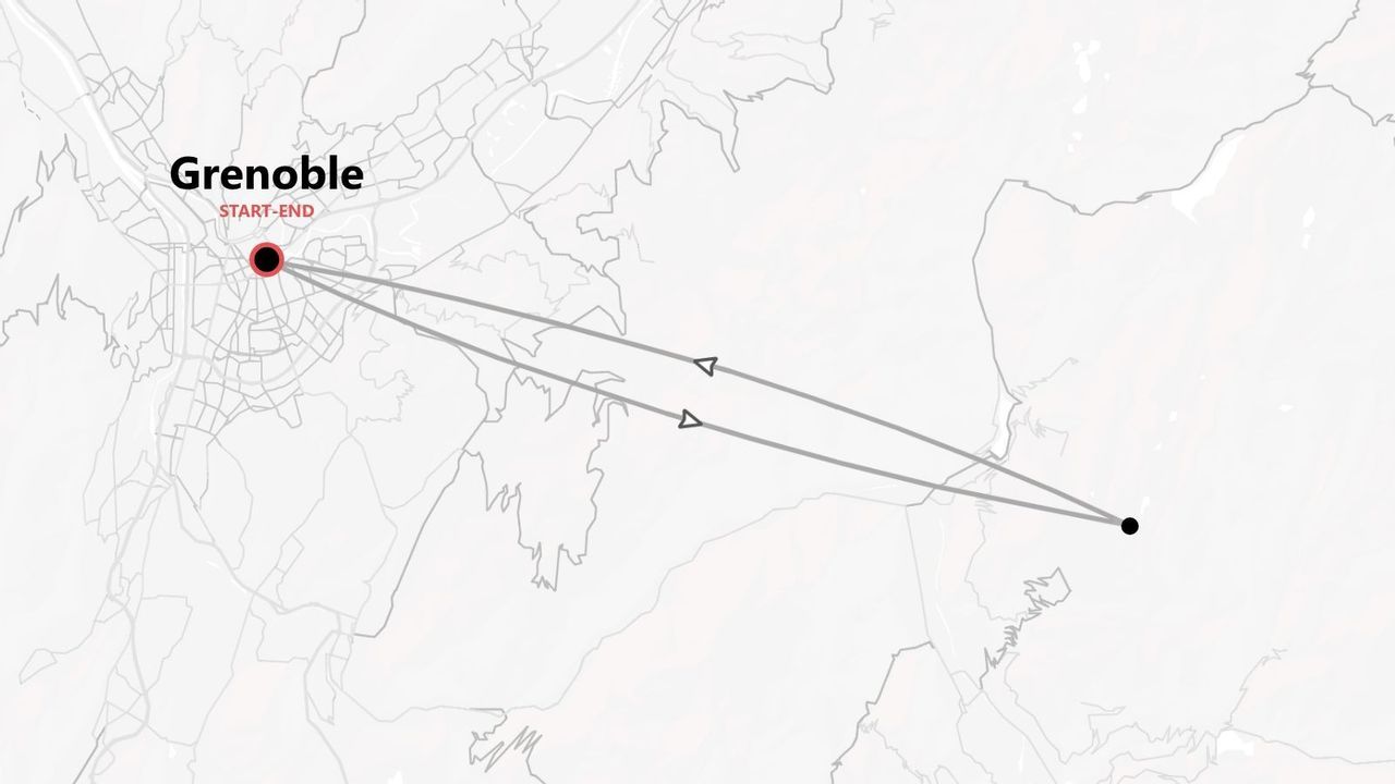 Une carte minimaliste d'un circuit aller-retour à Grenoble.